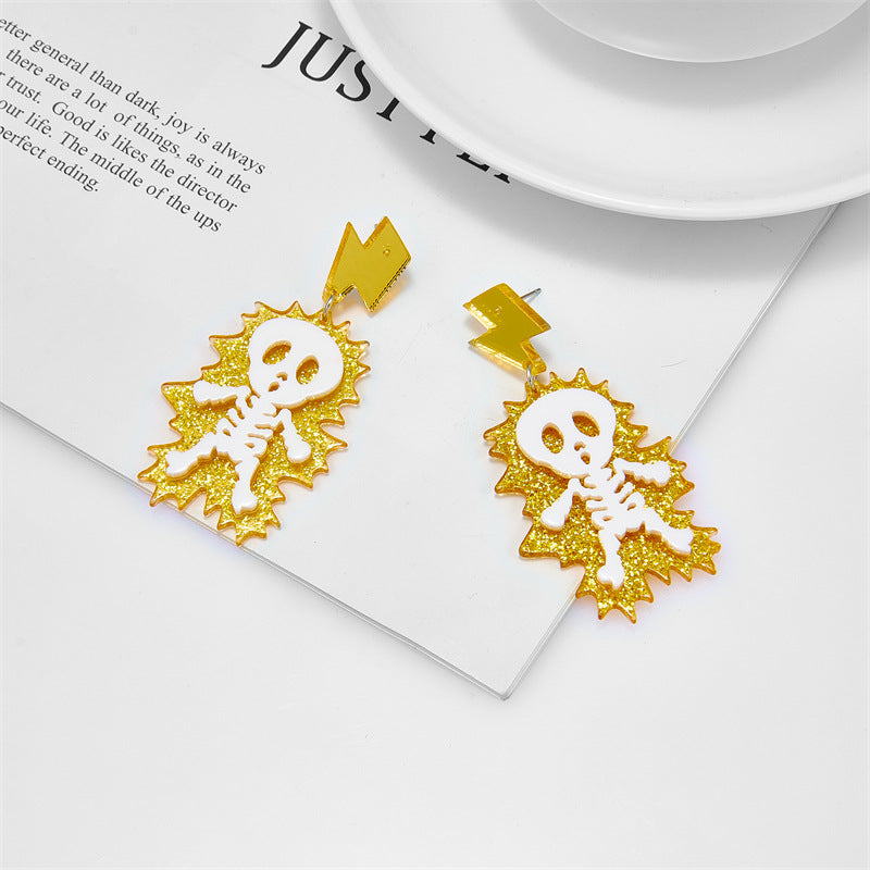 Wholesale Acrylic Thunderbolt Skull Skeleton Earrings